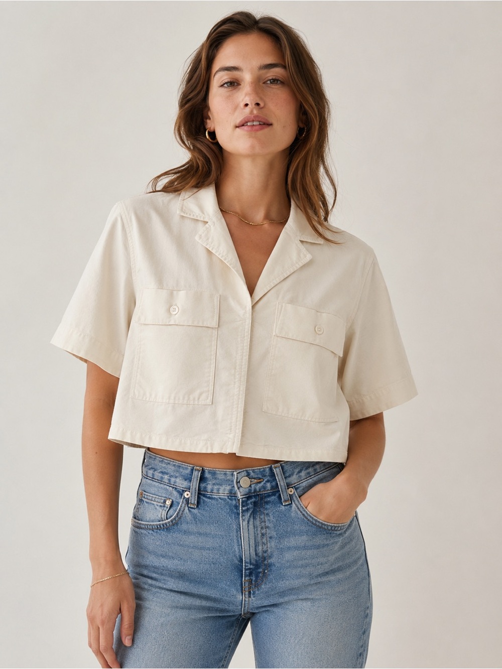 Everlane Ivory Organic Cotton Cropped Utility Shirt Top Size Medium